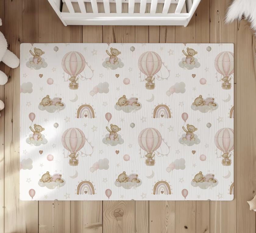 Hot Air Balloons Pink with Rainbows and Bears, kids decor, Children's Room Decor, Kids Rug, Kids Carpet, Rainbow and Bear rug, Kids Decor