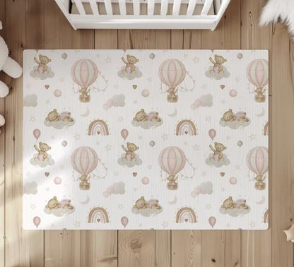 Hot Air Balloons Pink with Rainbows and Bears, kids decor, Children's Room Decor, Kids Rug, Kids Carpet, Rainbow and Bear rug, Kids Decor