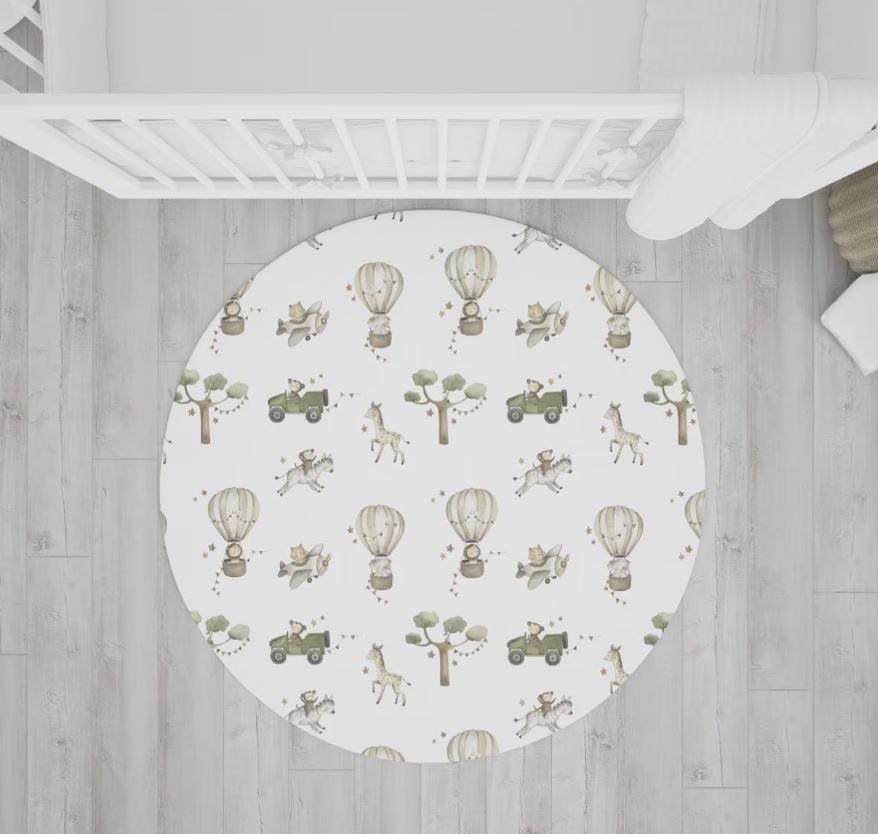 Watercolour Hot Air Balloons With Safari Animals rug , Round Carpet, kids decor, Children's Room Decor, Kids Round Rug, Kids Safari Carpet