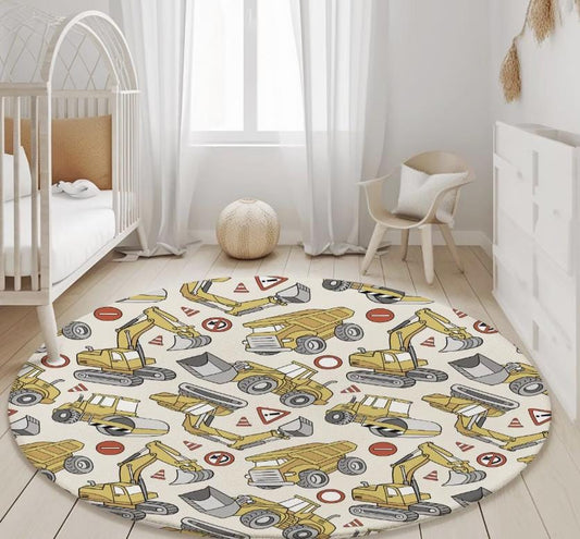 JCB - Yellow Trucks and Diggers Rug, Round Carpet, kids decor, Children's Room Decor, Kids Round Rug, Kids Carpet, Trucks and Digger decor