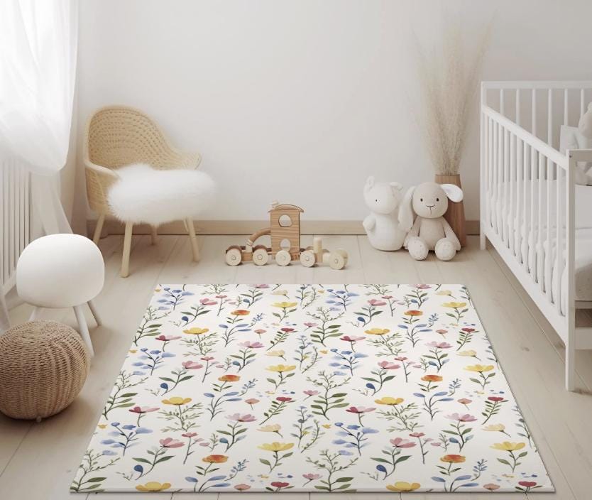 Watercolour Flowers Rug Carpet, kids decor, Children's Room Decor, Kids Rug, Kids Carpet, Colourful, Watercolour Flower Decor