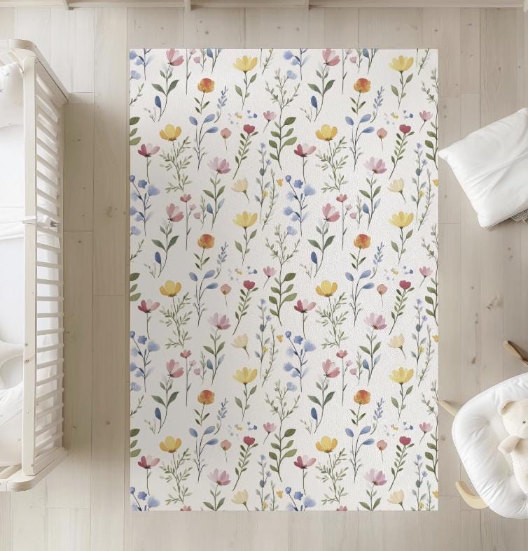 Watercolour Flowers Rug Carpet, kids decor, Children's Room Decor, Kids Rug, Kids Carpet, Colourful, Watercolour Flower Decor