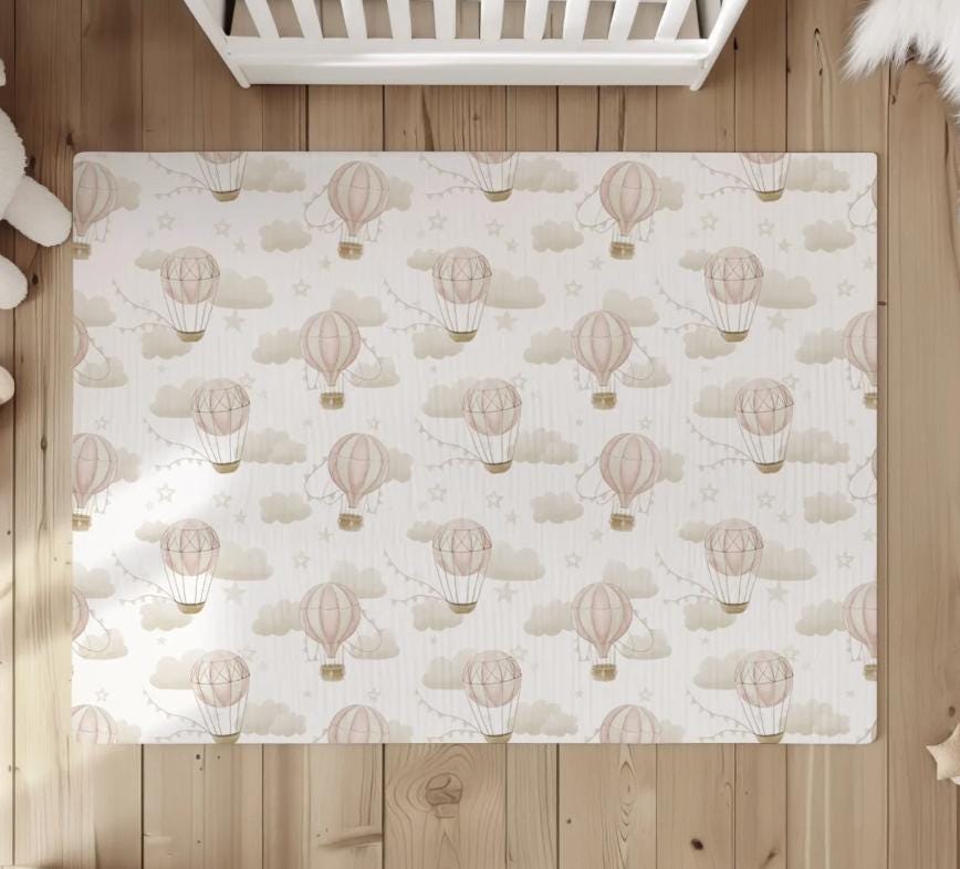 Multiple Hot Air Balloons, PINK Carpet, kids decor, Children's Room Decor, Kids Rug, Kids Carpet, Hot Air Balloon decor