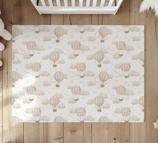 Multiple Hot Air Balloons, PINK Carpet, kids decor, Children's Room Decor, Kids Rug, Kids Carpet, Hot Air Balloon decor