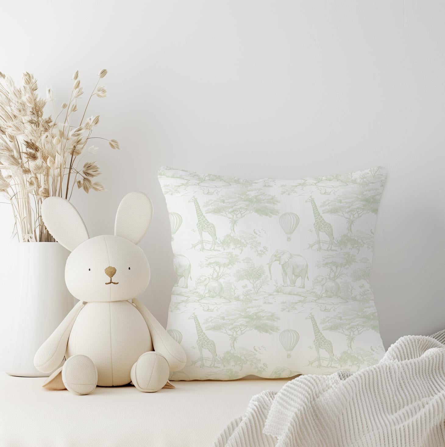 Chinoiserie Toile de Jouy Safari - GREEN Pillow, kids square throw pillow decor, Children's Room Decor, Cotbed bedding, Hot air balloon