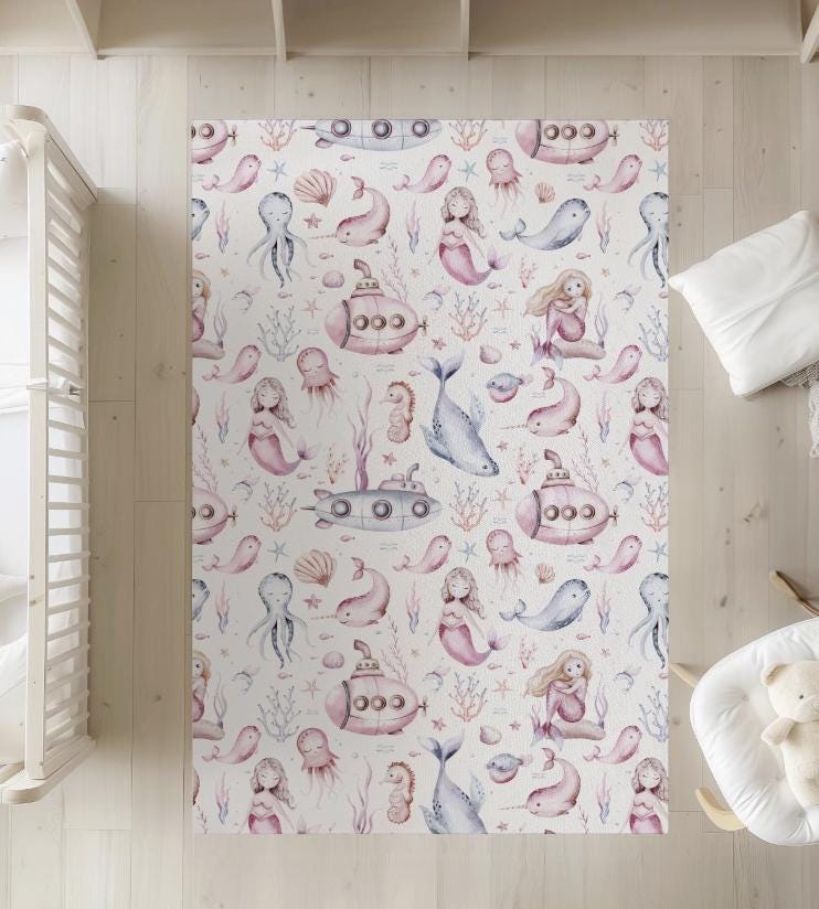 Pink Mermaids and Ocean Life, Rug, Carpet, kids decor, Children's Room Decor, Kids Rug, Kids Carpet, Personalised decor, Ocean decor