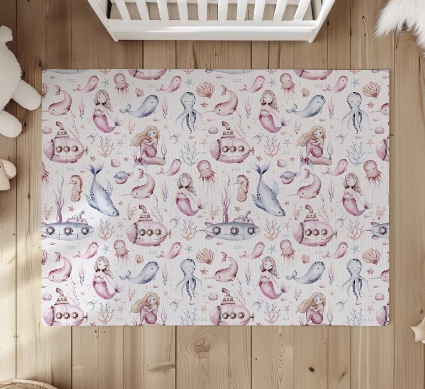 Pink Mermaids and Ocean Life, Rug, Carpet, kids decor, Children's Room Decor, Kids Rug, Kids Carpet, Personalised decor, Ocean decor