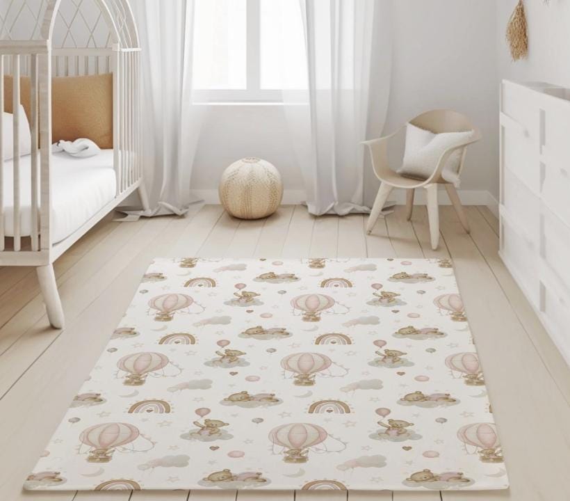 Hot Air Balloons Pink with Rainbows and Bears, kids decor, Children's Room Decor, Kids Rug, Kids Carpet, Rainbow and Bear rug, Kids Decor