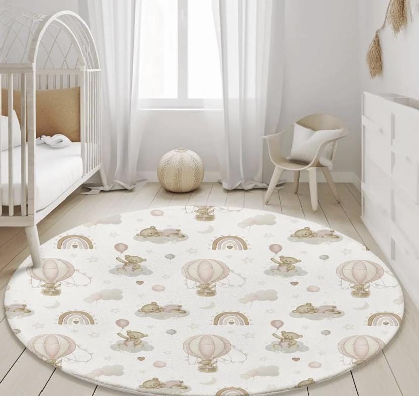 Hot Air Balloons Pink with Rainbows and Bears, kids decor, Children's Room Decor, Kids Rug, Kids Carpet, Rainbow and Bear rug, Kids Decor