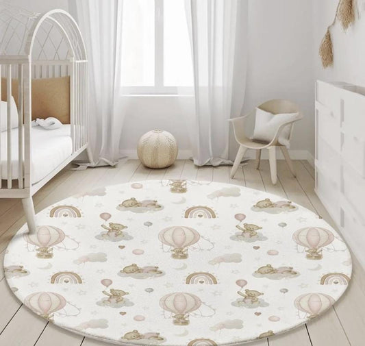 Hot Air Balloons Pink with Rainbows and Bears, kids decor, Children's Room Decor, Kids Rug, Kids Carpet, Rainbow and Bear rug, Kids Decor