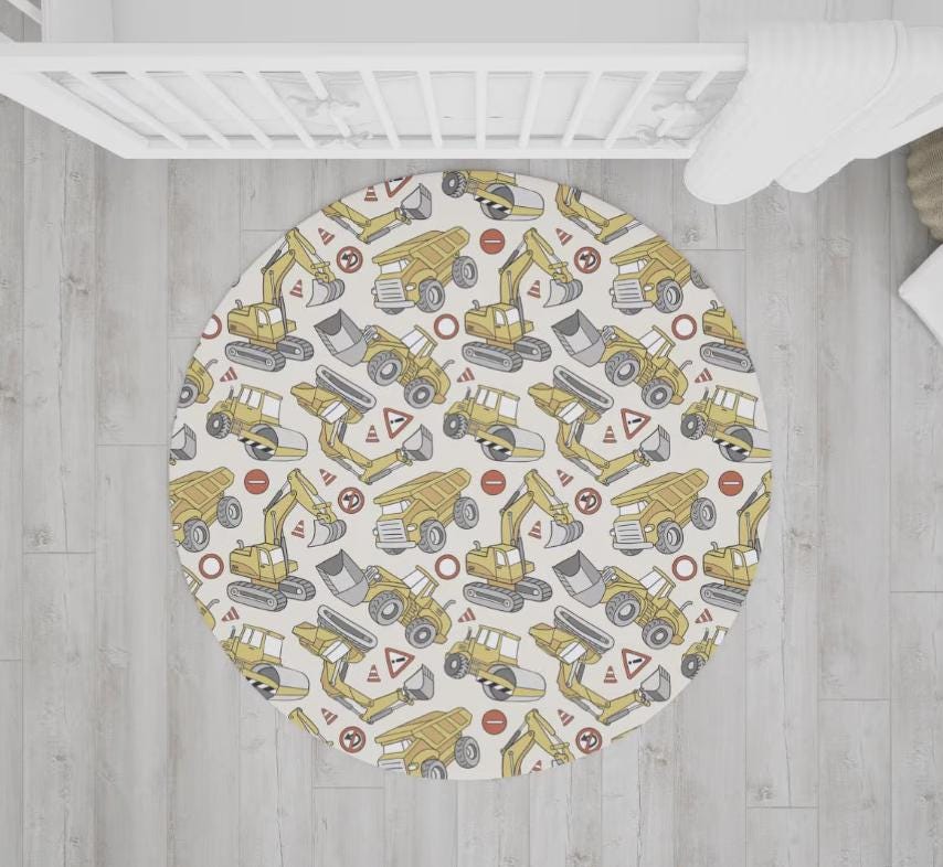 JCB - Yellow Trucks and Diggers Rug, Round Carpet, kids decor, Children's Room Decor, Kids Round Rug, Kids Carpet, Trucks and Digger decor