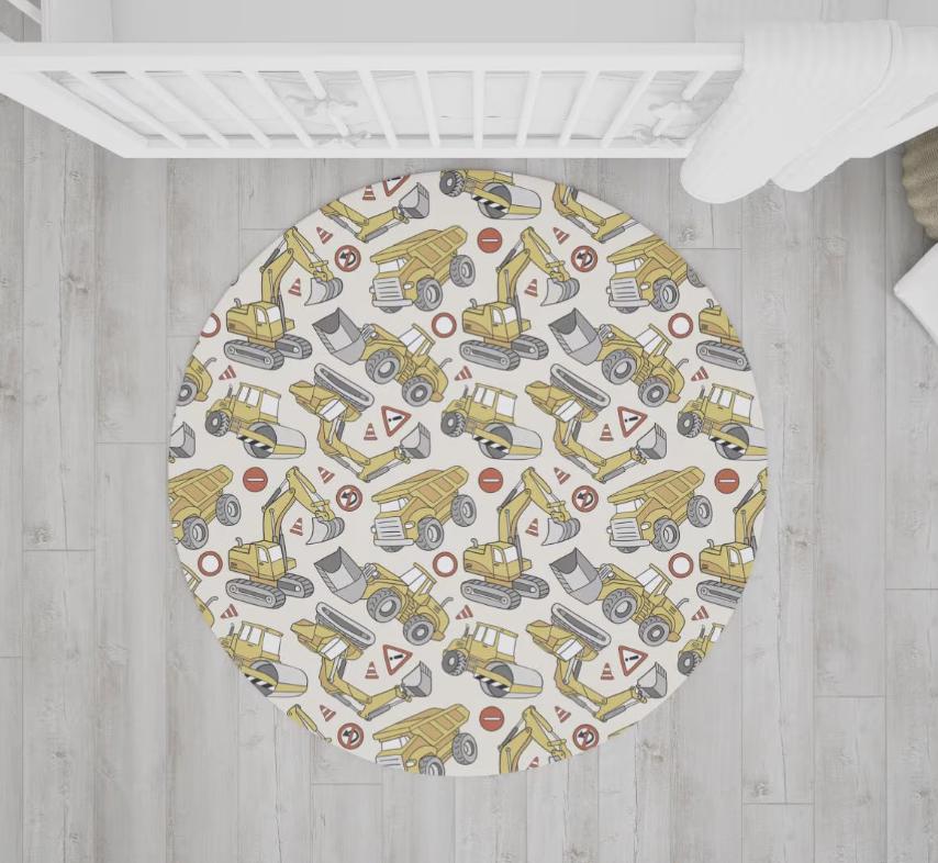 JCB - Yellow Trucks and Diggers Rug, Round Carpet, kids decor, Children's Room Decor, Kids Round Rug, Kids Carpet, Trucks and Digger decor