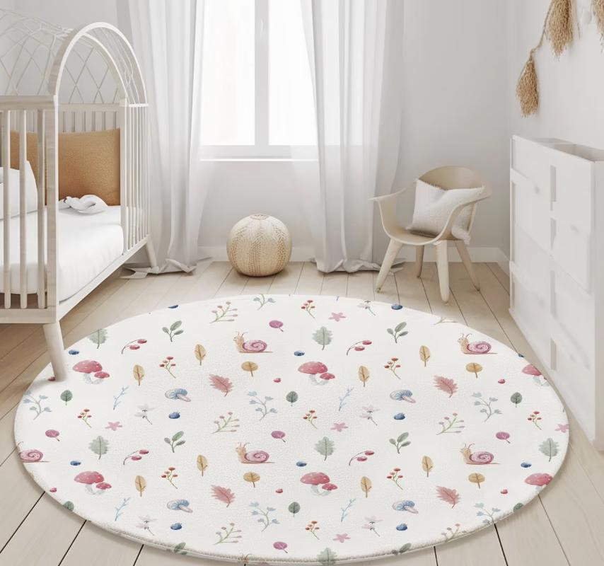 Watercolour Snails & Woodland Mushroom Rug, Round Carpet, kids decor, Children's Room Decor, Kids Round Rug, Kids Carpet, Woodland decor