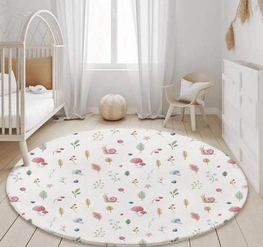 Watercolour Snails & Woodland Mushroom Rug, Round Carpet, kids decor, Children's Room Decor, Kids Round Rug, Kids Carpet, Woodland decor
