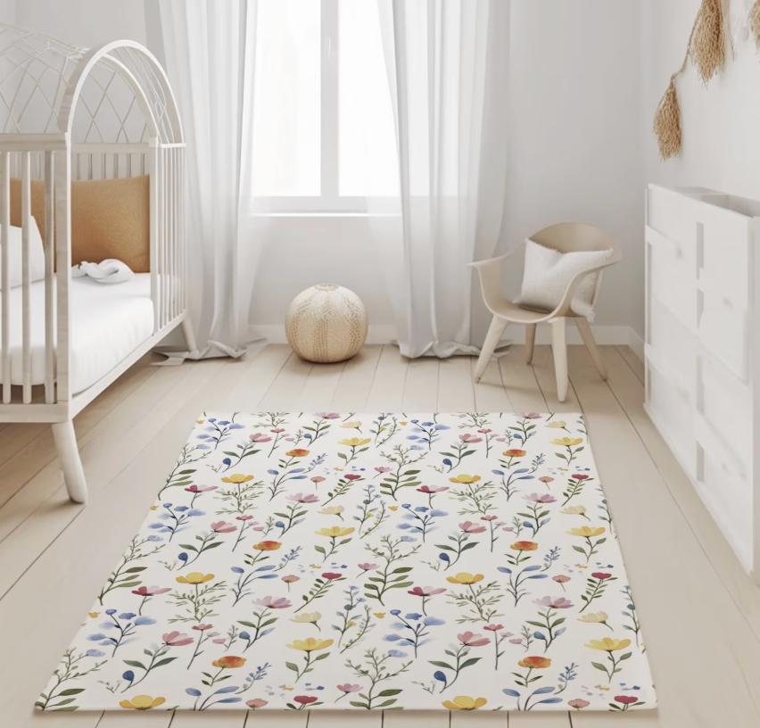 Watercolour Flowers Rug Carpet, kids decor, Children's Room Decor, Kids Rug, Kids Carpet, Colourful, Watercolour Flower Decor