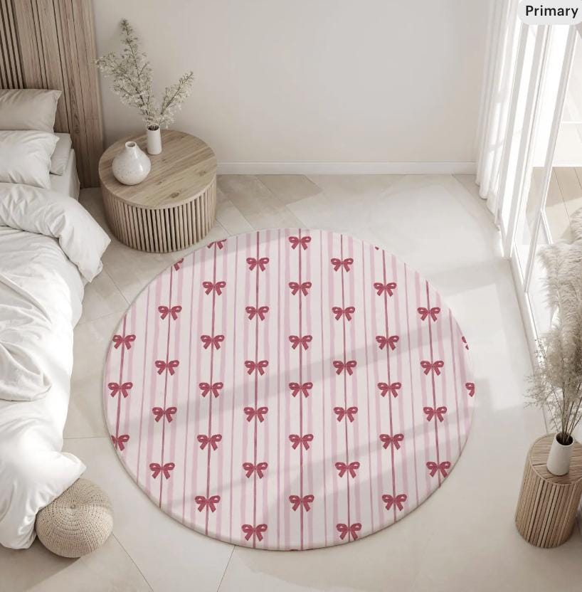Pink Stripes with Red Bows, Round Rug, Carpet, kids decor, Children's Room Decor, Kids Rug, Kids Carpet, Round bedroom Rug