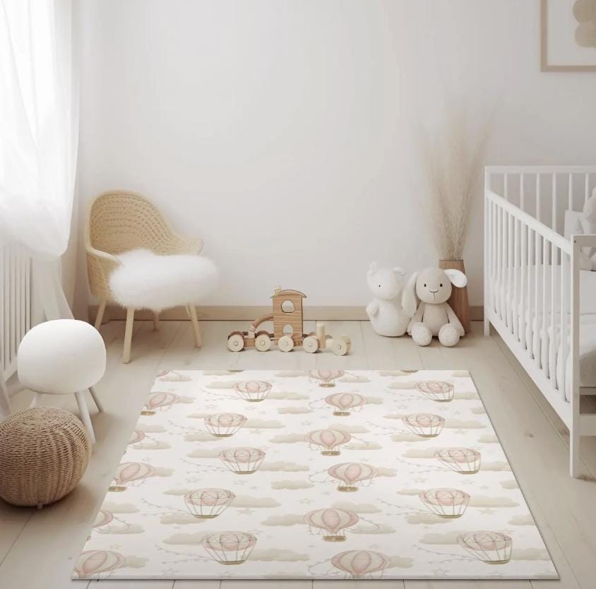 Multiple Hot Air Balloons, PINK Carpet, kids decor, Children's Room Decor, Kids Rug, Kids Carpet, Hot Air Balloon decor