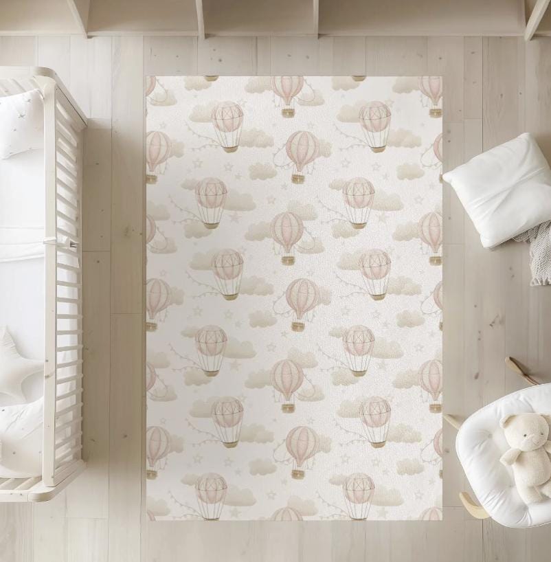 Multiple Hot Air Balloons, PINK Carpet, kids decor, Children's Room Decor, Kids Rug, Kids Carpet, Hot Air Balloon decor