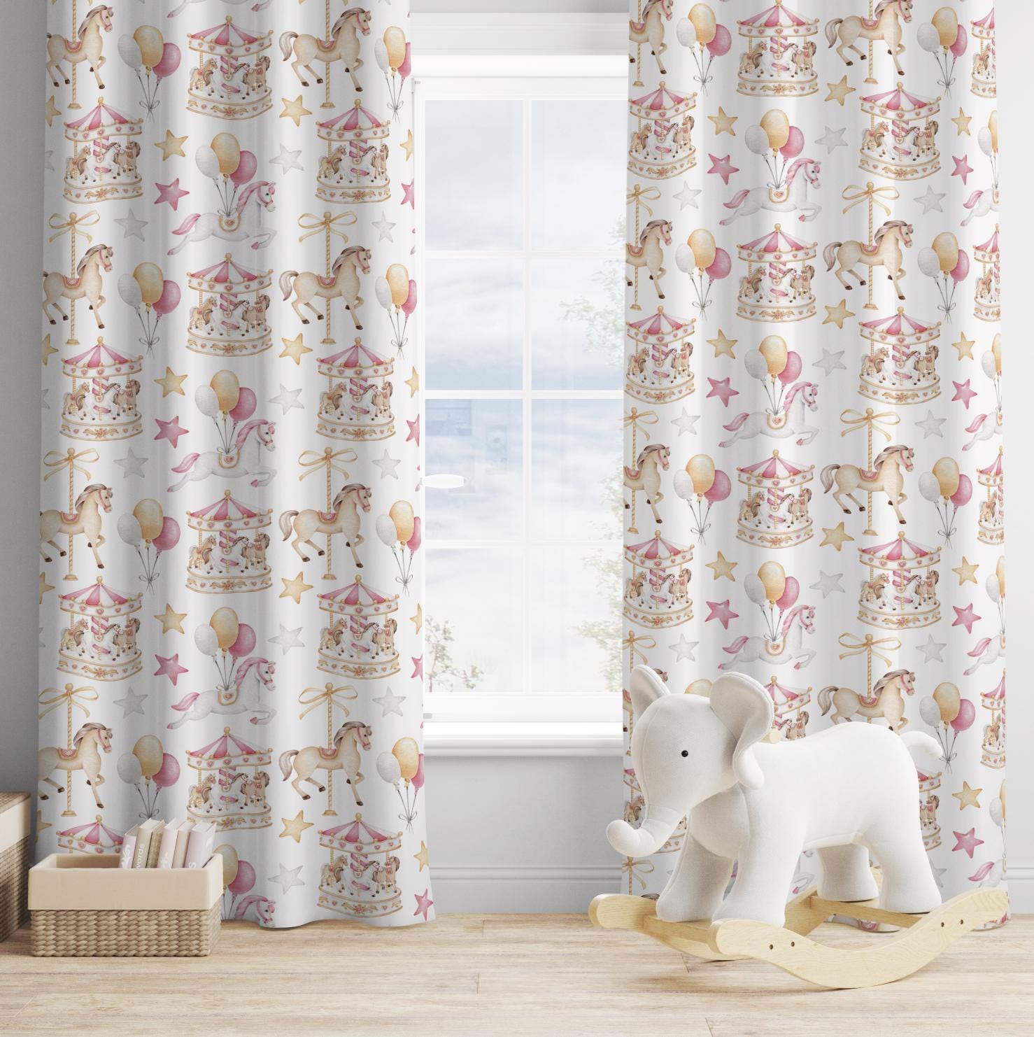 Carousel - Pink, Curtains, Blackout or Non Blackout, Eyelet, Pencil Pleat or Rod Pocket, Carousel Horse Curtains, Home Decor