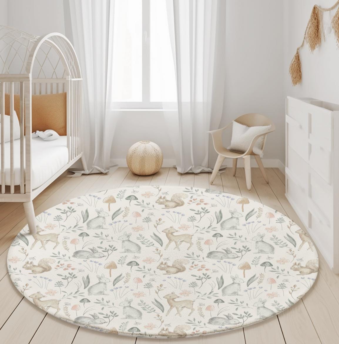 Watercolour Woodland Sketched Animals Rug Carpet, Woodland Animals, decor, Children's Room Decor, Kids Rug, Kids Carpet, Monochrome Decor
