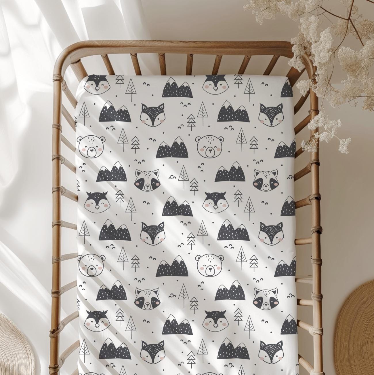 Bears and Mountains Mono - Bedding, Duvet Covers, Fitted Sheets, Bear Bedding, Childrens Bedding, Childrens Room Decor, Bedding and Pillows