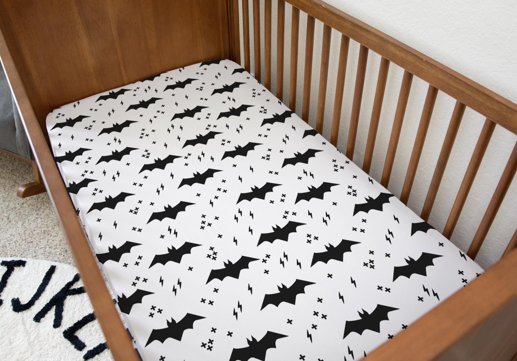 Bats & Lightning Bolts Mono - Bedding, Duvet Covers, Fitted Sheets, Bear Bedding, Childrens Bedding, Childrens Room Decor, Bed Pillows