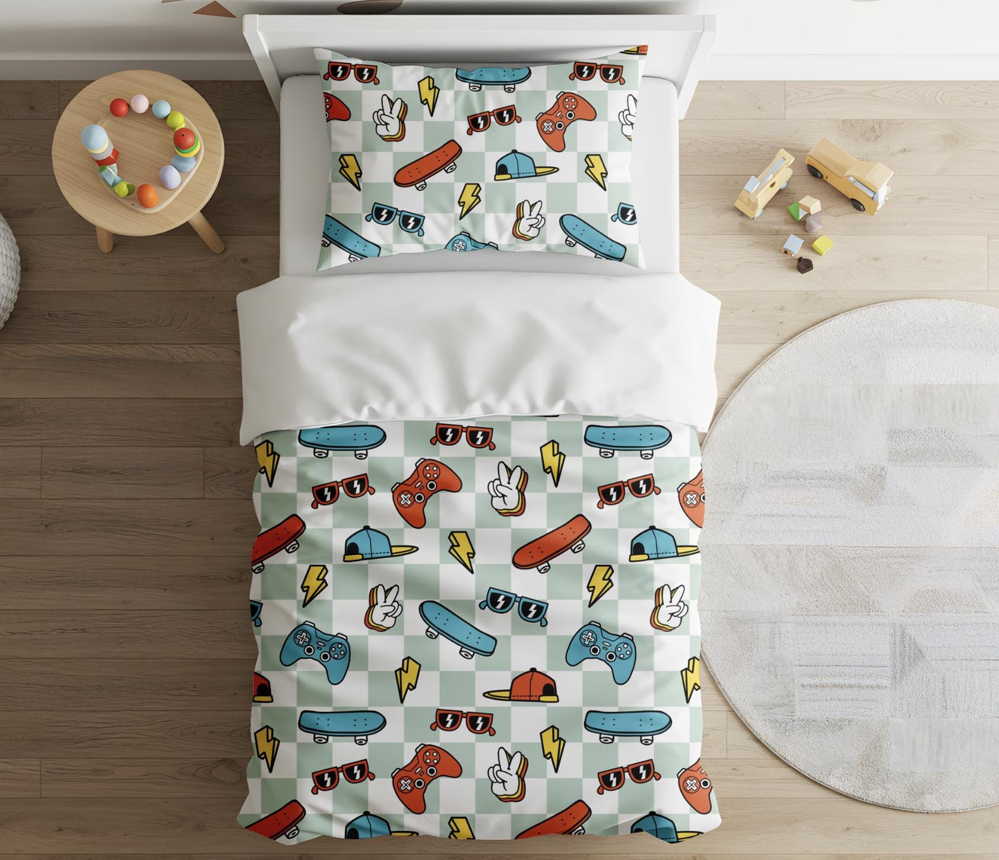 Skater Boy, Blue Checkered - Bedding, Duvet Covers, Fitted Sheets, Skateboard Bedding, Cool Kids Bedding, Childrens decor, Checkered bedding