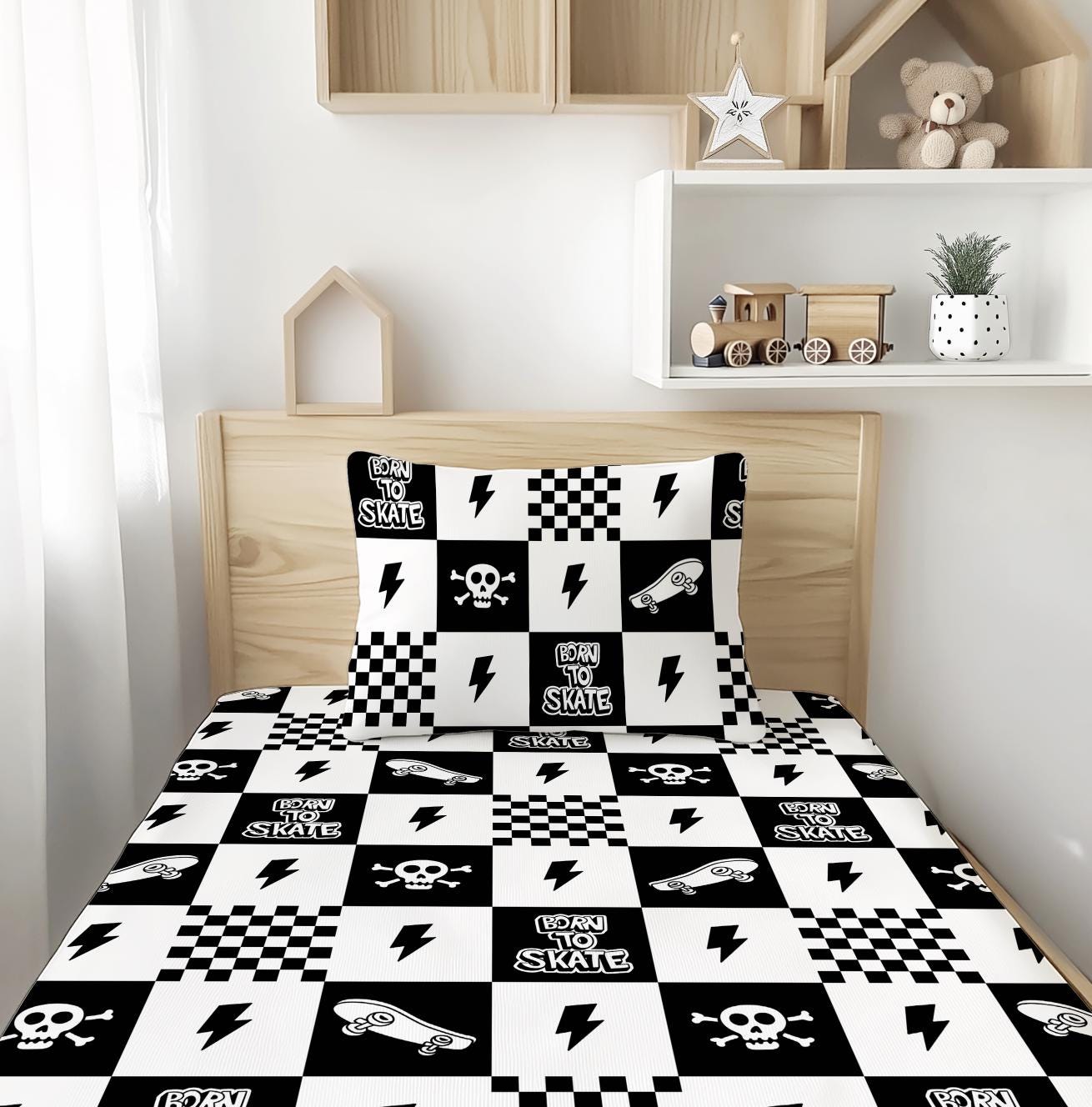 Born to Skate - Black Checkered (Almost Black) - Bedding, Duvet Covers, Fitted Sheets, Skateboard, Cool Bedding, Childrens decor, bedding