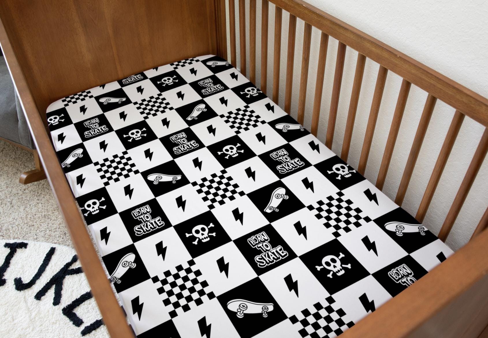 Born to Skate - Black Checkered (Almost Black) - Bedding, Duvet Covers, Fitted Sheets, Skateboard, Cool Bedding, Childrens decor, bedding