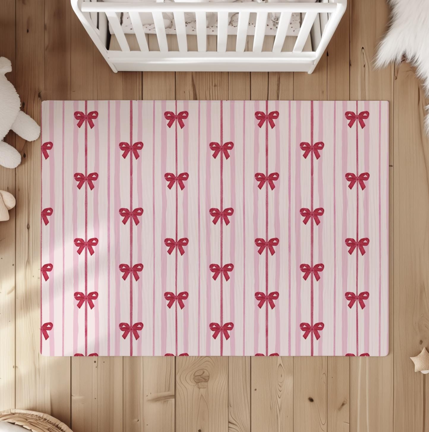 Pink Stripes with Red Bows, Round Rug, Carpet, kids decor, Children's Room Decor, Kids Rug, Kids Carpet, Round bedroom Rug
