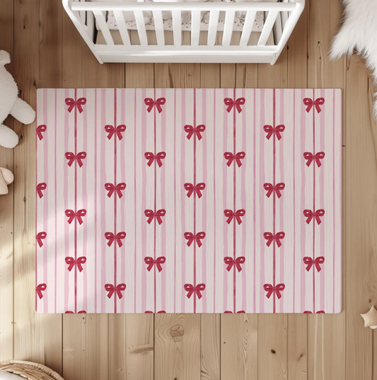 Pink Stripes with Red Bows, Round Rug, Carpet, kids decor, Children's Room Decor, Kids Rug, Kids Carpet, Round bedroom Rug