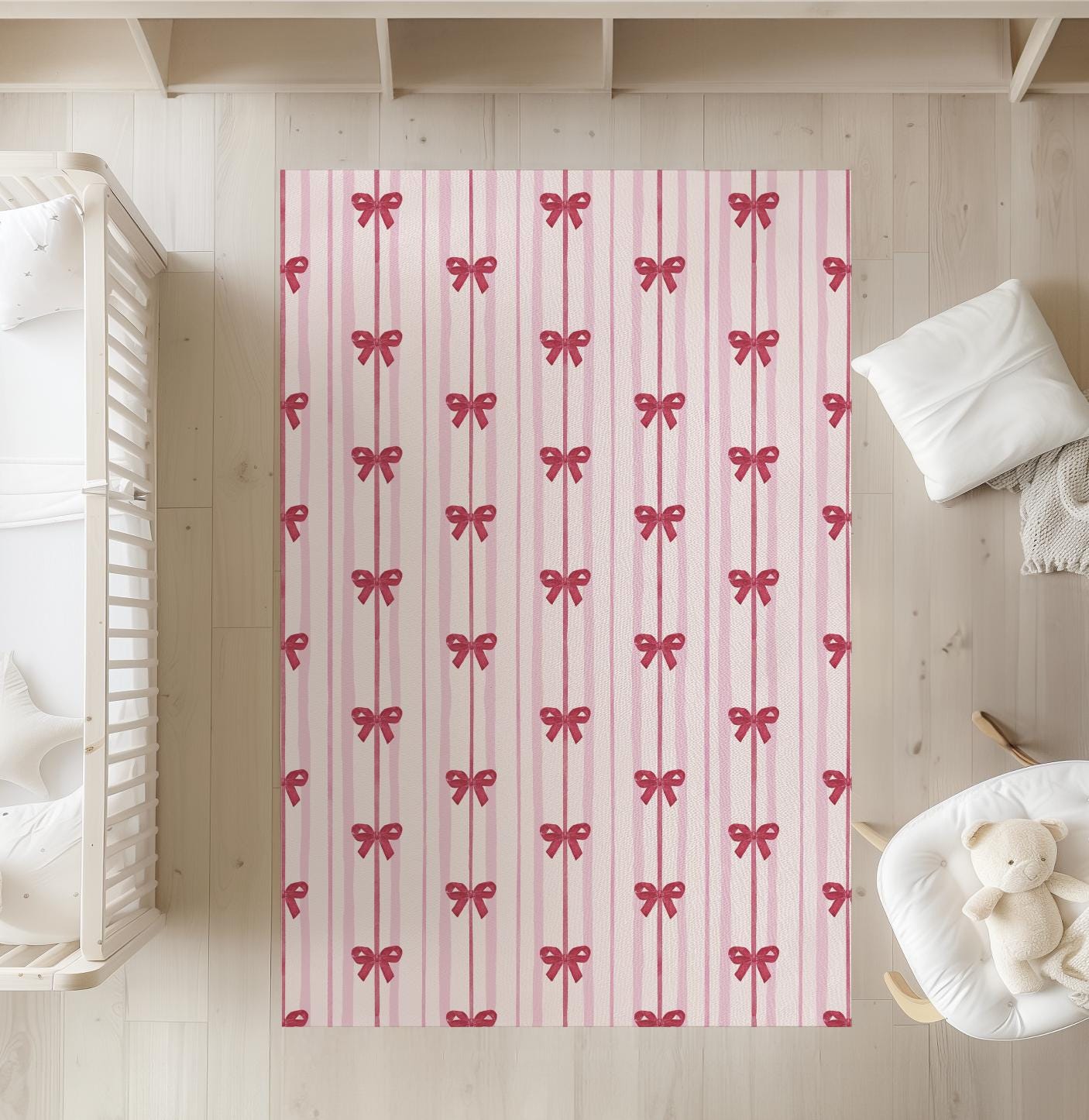 Pink Stripes with Red Bows, Round Rug, Carpet, kids decor, Children's Room Decor, Kids Rug, Kids Carpet, Round bedroom Rug