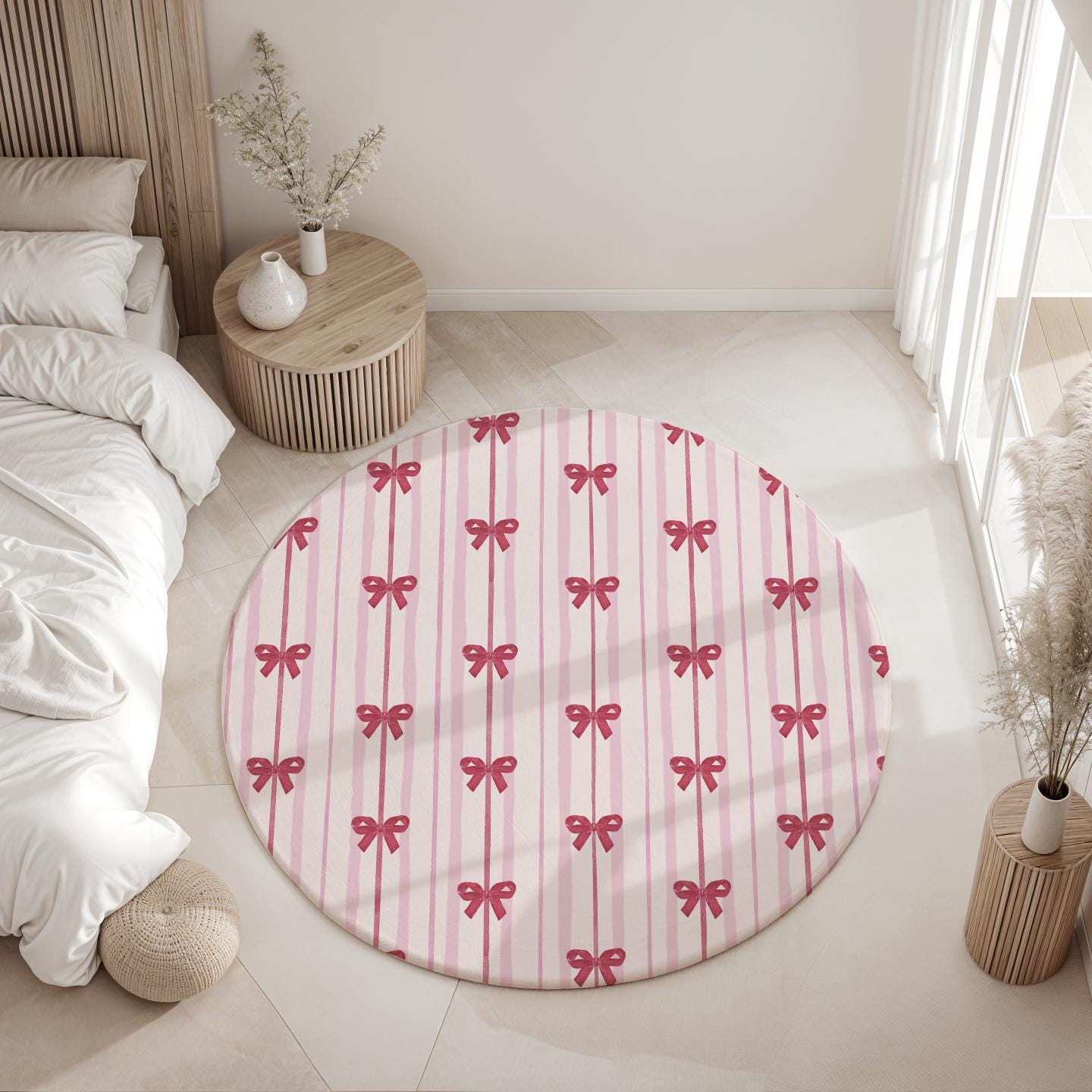 Pink Stripes with Red Bows, Round Rug, Carpet, kids decor, Children's Room Decor, Kids Rug, Kids Carpet, Round bedroom Rug