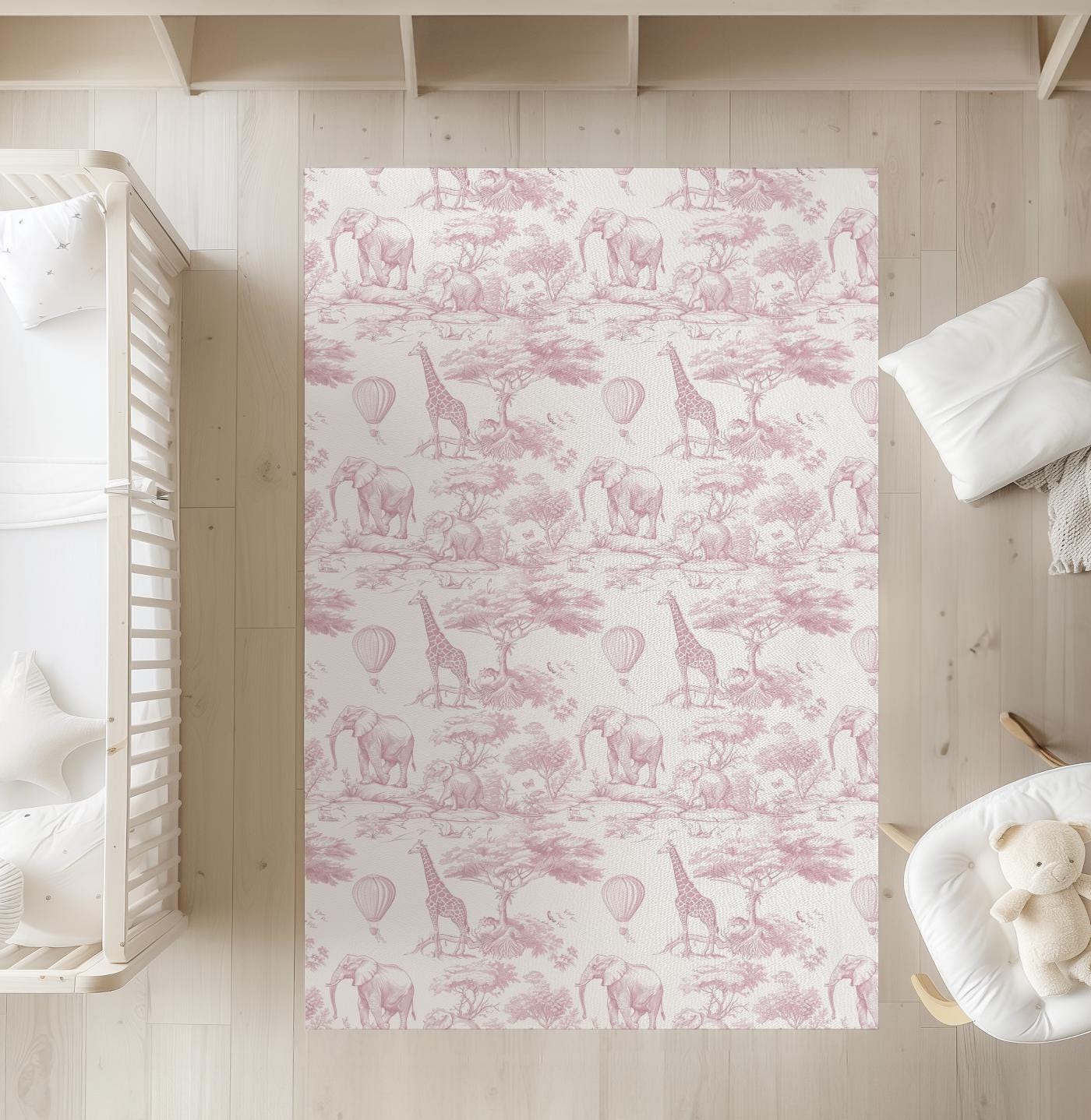 Chinoiserie Toile de Jouy Safari - Pink, Rug, Carpet, kids decor, Children's Room Decor, Kids Rug, Kids Carpet