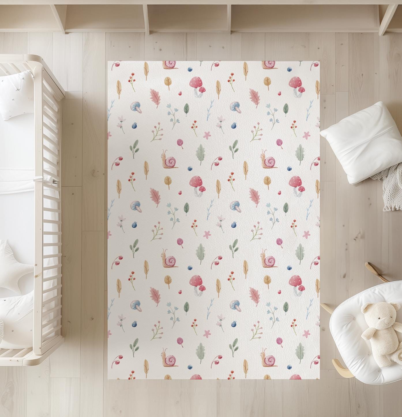 Watercolour Woodland Snails and Mushroom Rug Carpet, Woodland kids decor, Children's Room Decor, Kids Rug, Kids Carpet, Monochrome Decor