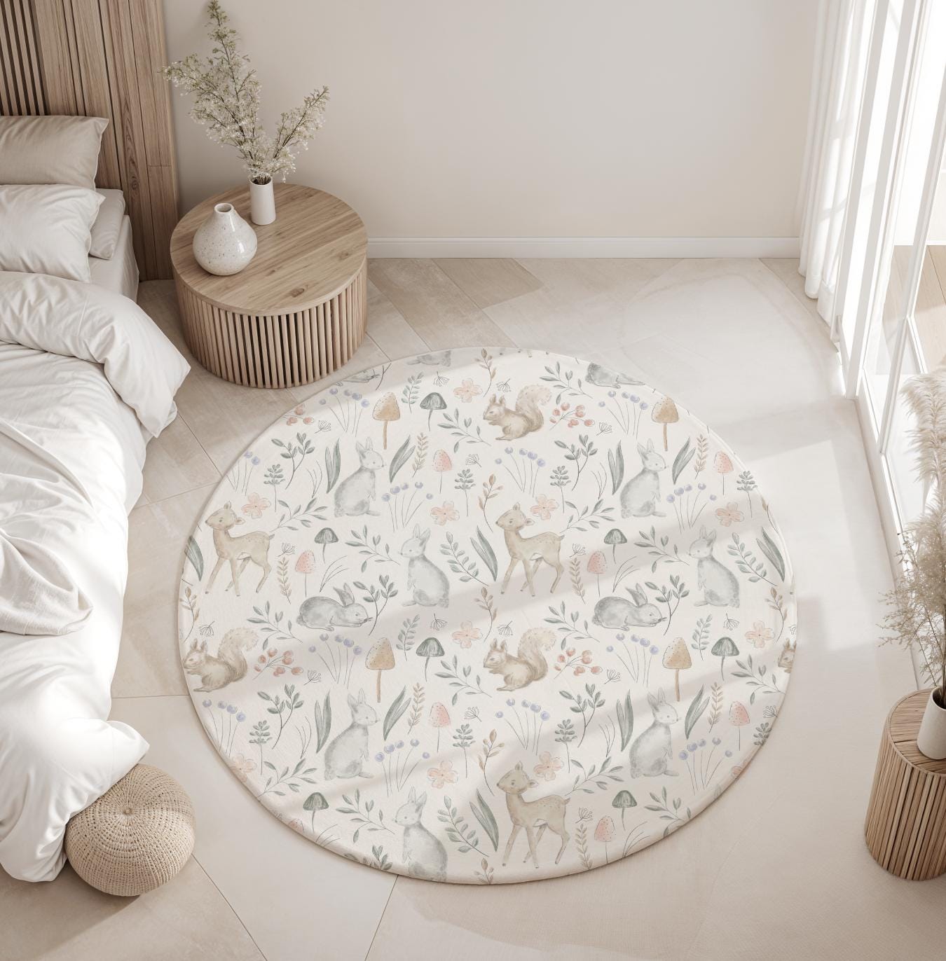 Watercolour Woodland Sketched Animals Rug Carpet, Woodland Animals, decor, Children's Room Decor, Kids Rug, Kids Carpet, Monochrome Decor