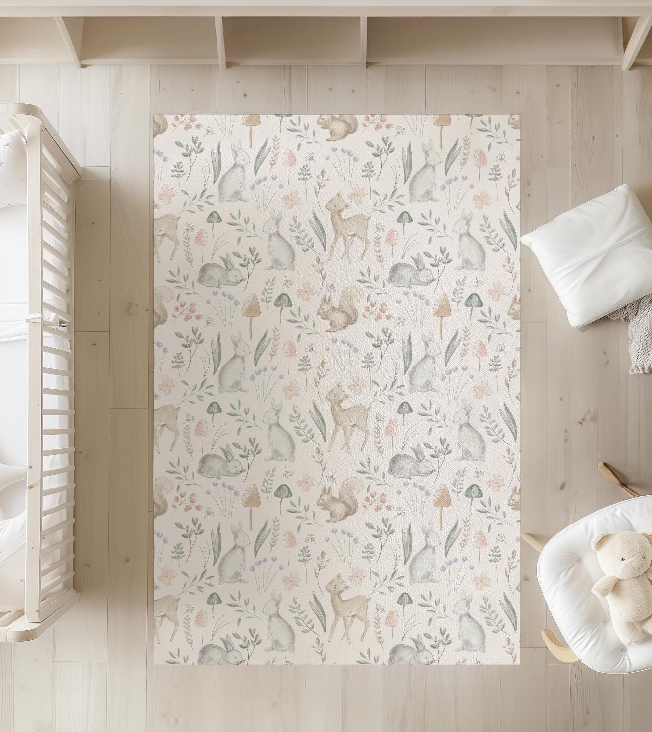 Watercolour Woodland Sketched Animals Rug Carpet, Woodland Animals, decor, Children's Room Decor, Kids Rug, Kids Carpet, Monochrome Decor