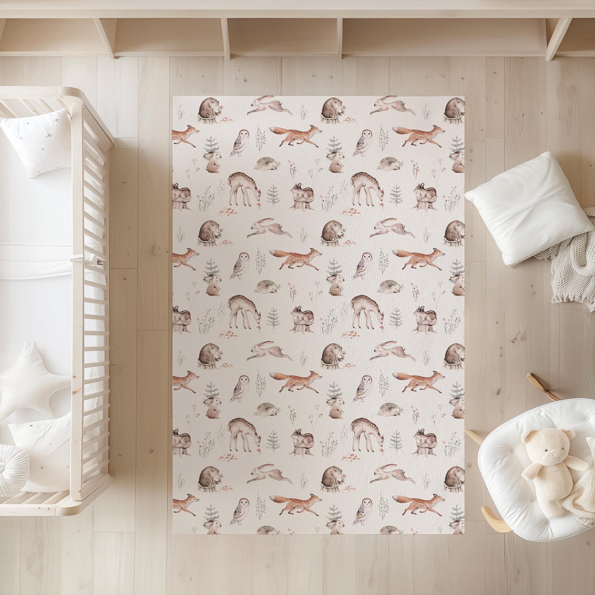 Watercolour Woodland Hedgehogs & Animals Rug Carpet, Woodland Animals, decor, Children's Room Decor, Kids Rug, Kids Carpet, Monochrome Decor