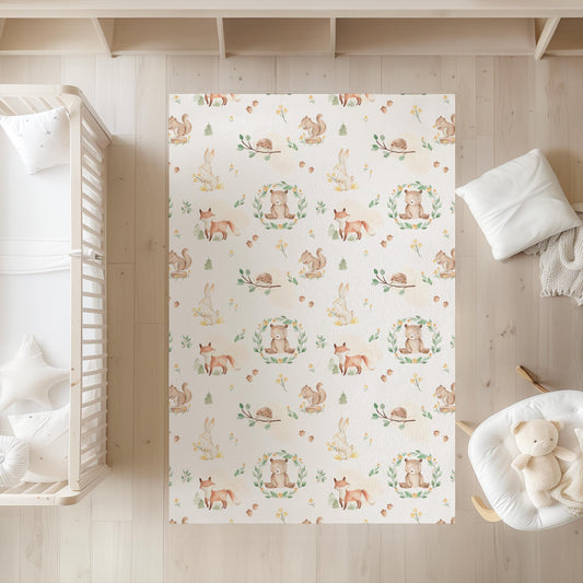 Watercolour Woodland Bear and Animals Rug Carpet, Woodland Animals, decor, Children's Room Decor, Kids Rug, Kids Carpet, Monochrome Decor