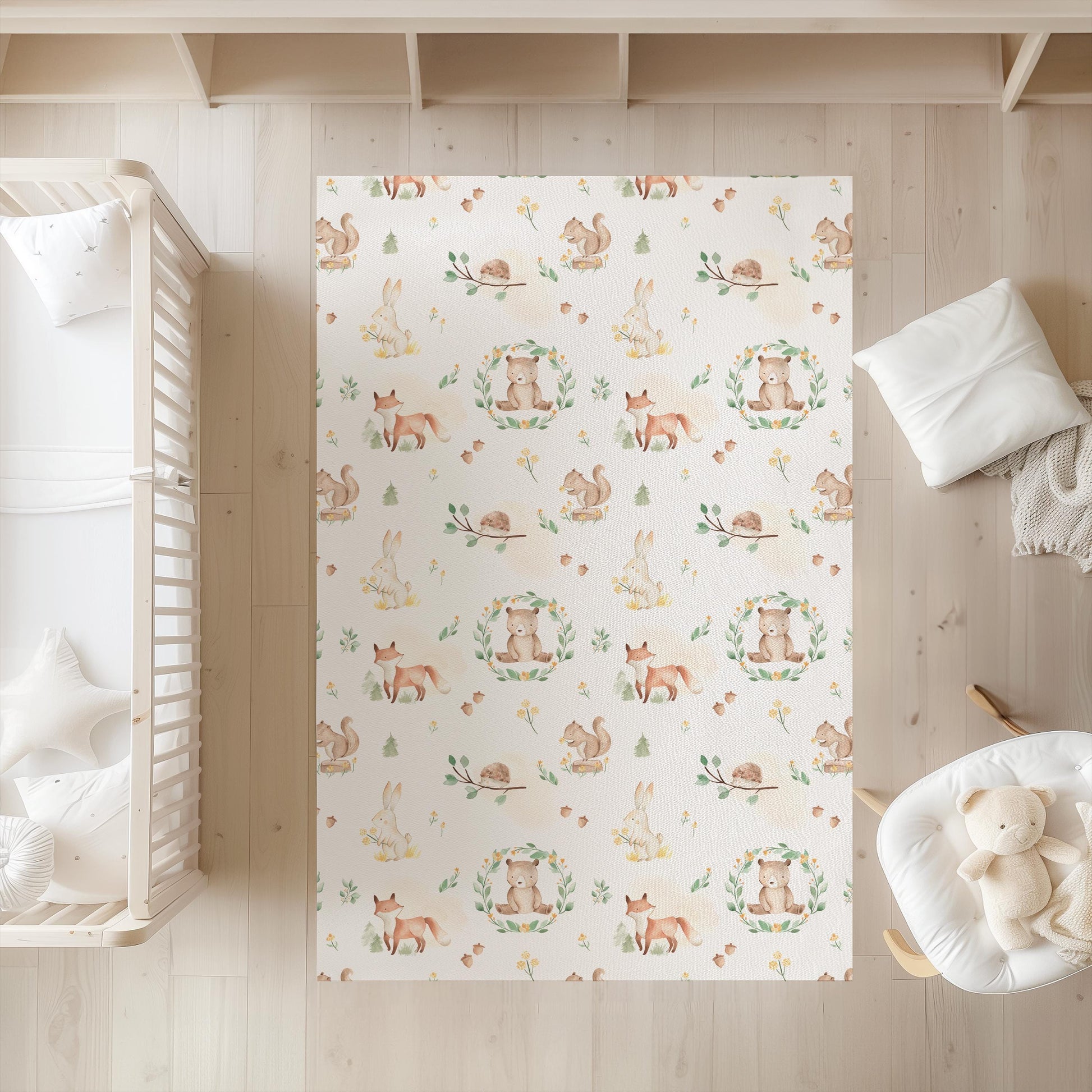 Watercolour Woodland Bear and Animals Rug Carpet, Woodland Animals, decor, Children's Room Decor, Kids Rug, Kids Carpet, Monochrome Decor