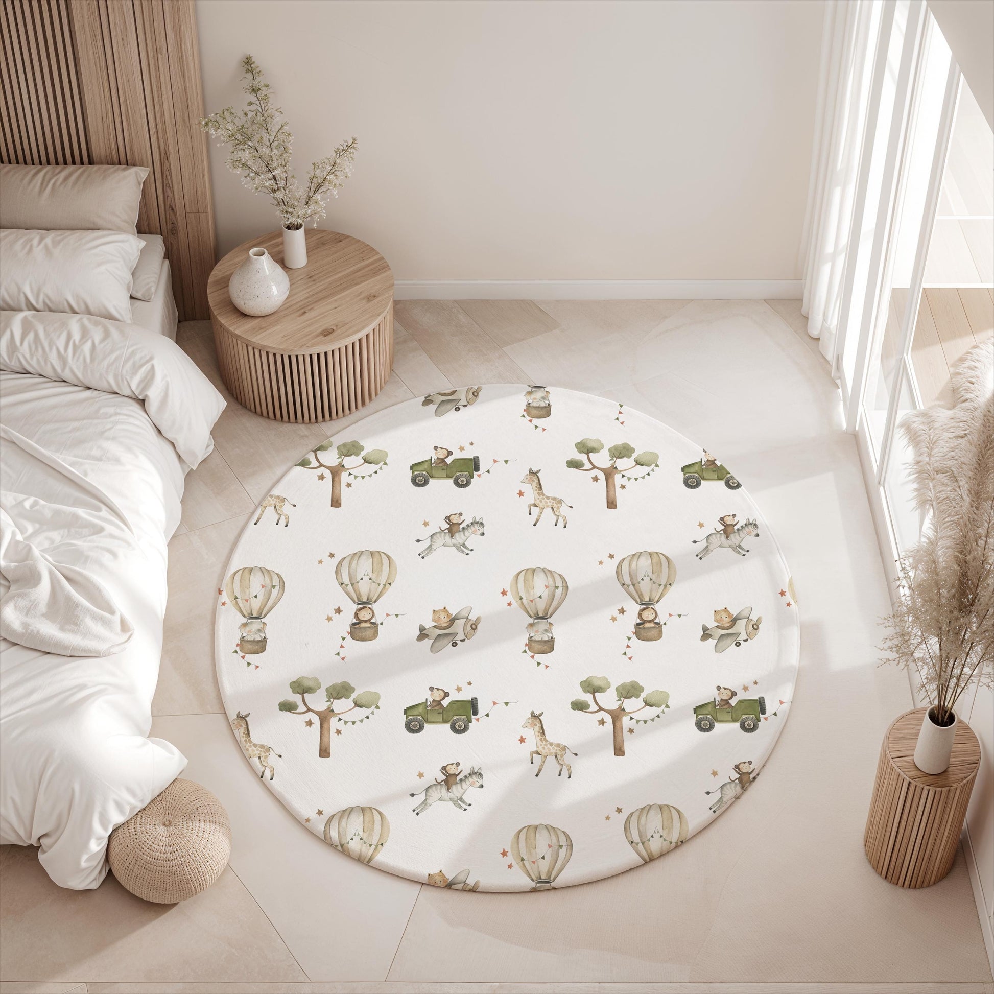 Multiple Hot Air Balloons - Safari Animals Green, Rug, Carpet, kids decor, Children's Room Decor, Rug, Kids Carpet, Hot Air Balloon decor