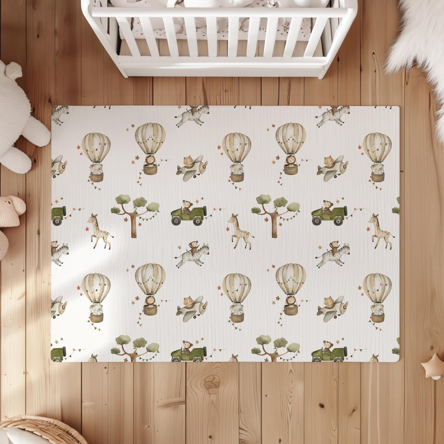 Multiple Hot Air Balloons - Safari Animals Green, Rug, Carpet, kids decor, Children's Room Decor, Rug, Kids Carpet, Hot Air Balloon decor