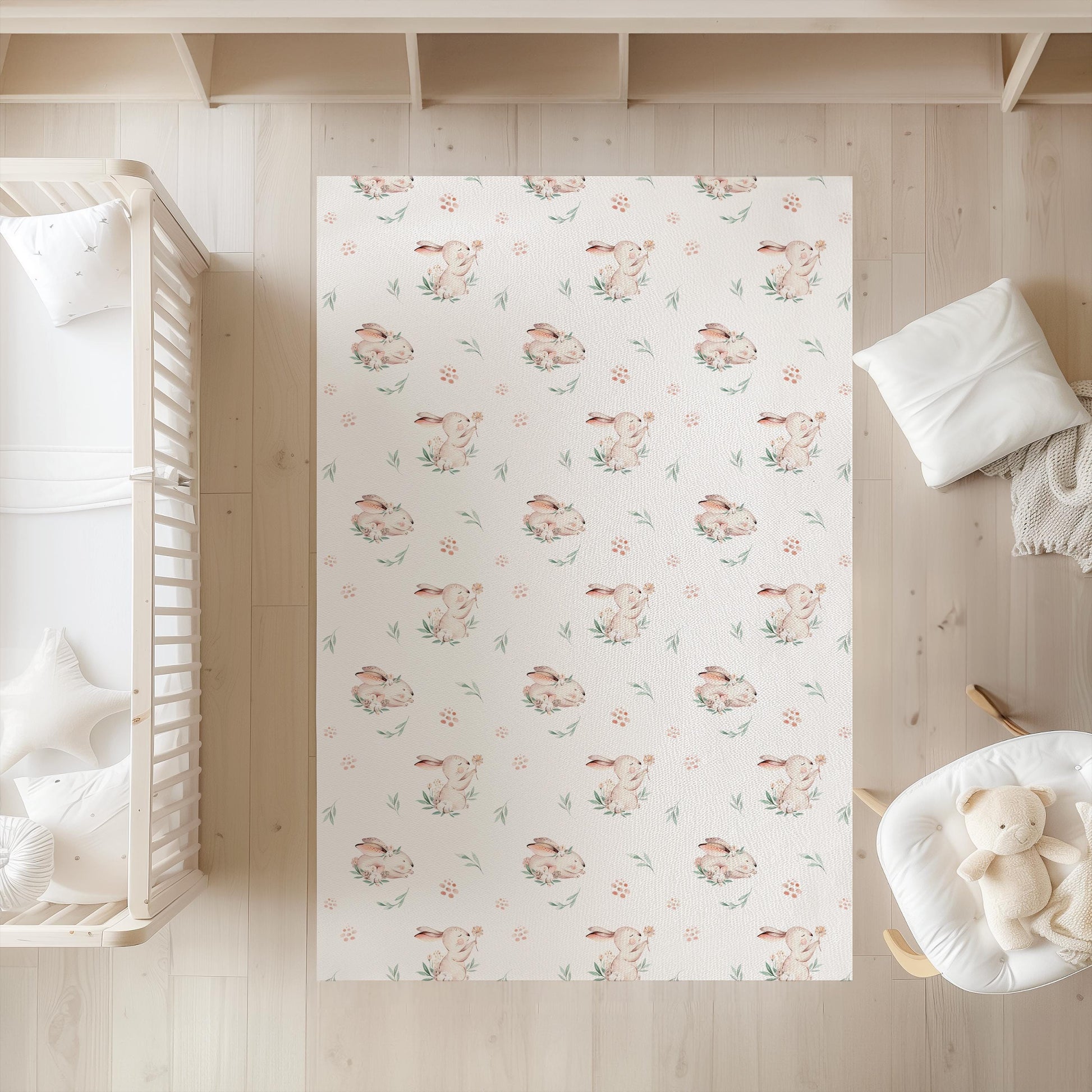 Watercolour Cute Bunnies and Rug Carpet, Woodland Animals, decor, Children's Room Decor, Kids Rug, Kids Carpet, Cute Bunny Decor