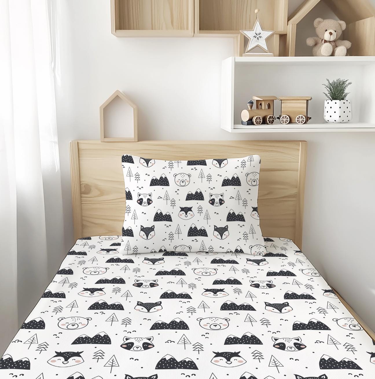 Bears and Mountains Mono - Bedding, Duvet Covers, Fitted Sheets, Bear Bedding, Childrens Bedding, Childrens Room Decor, Bedding and Pillows