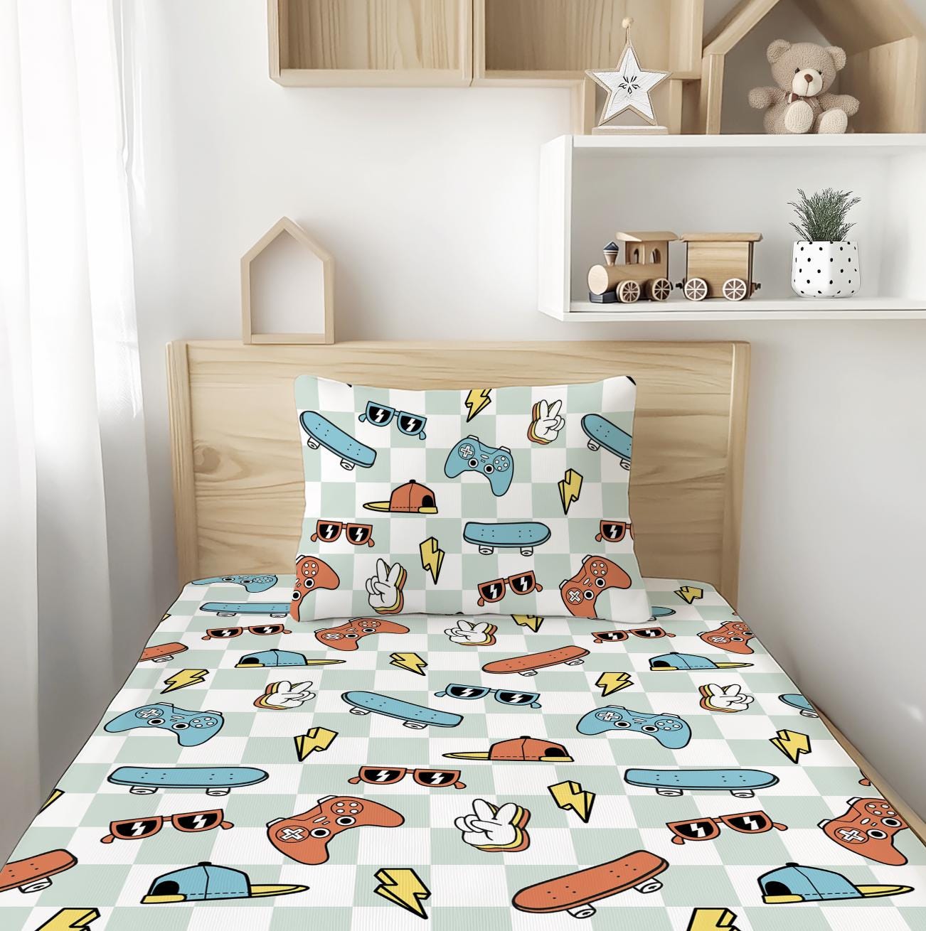 Skater Boy, Blue Checkered - Bedding, Duvet Covers, Fitted Sheets, Skateboard Bedding, Cool Kids Bedding, Childrens decor, Checkered bedding