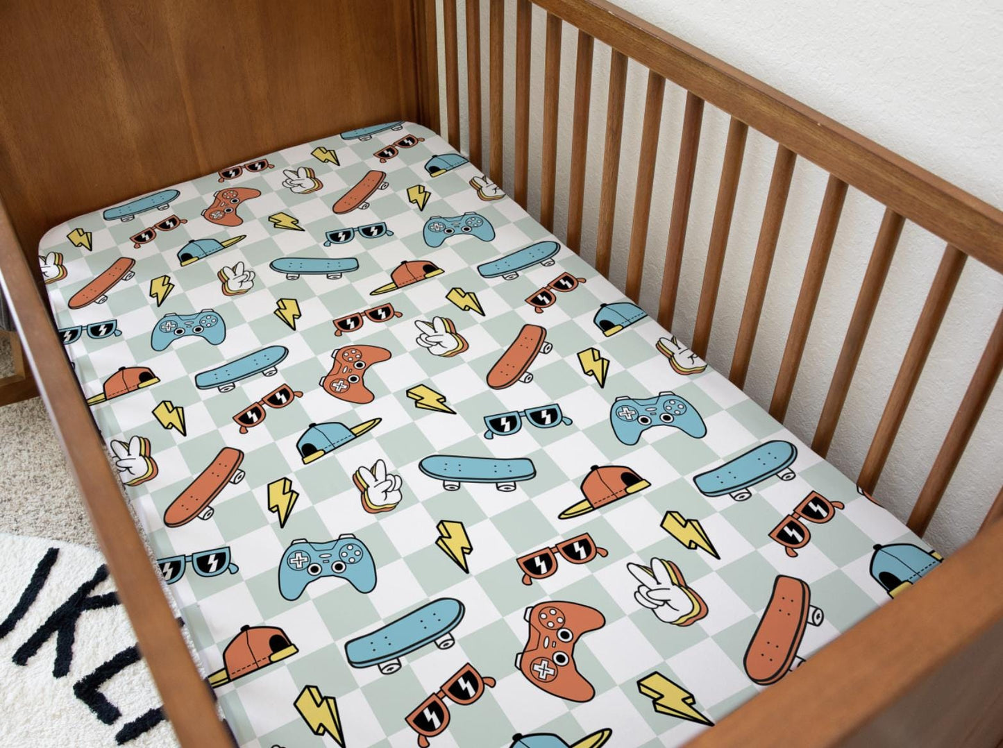 Skater Boy, Blue Checkered - Bedding, Duvet Covers, Fitted Sheets, Skateboard Bedding, Cool Kids Bedding, Childrens decor, Checkered bedding