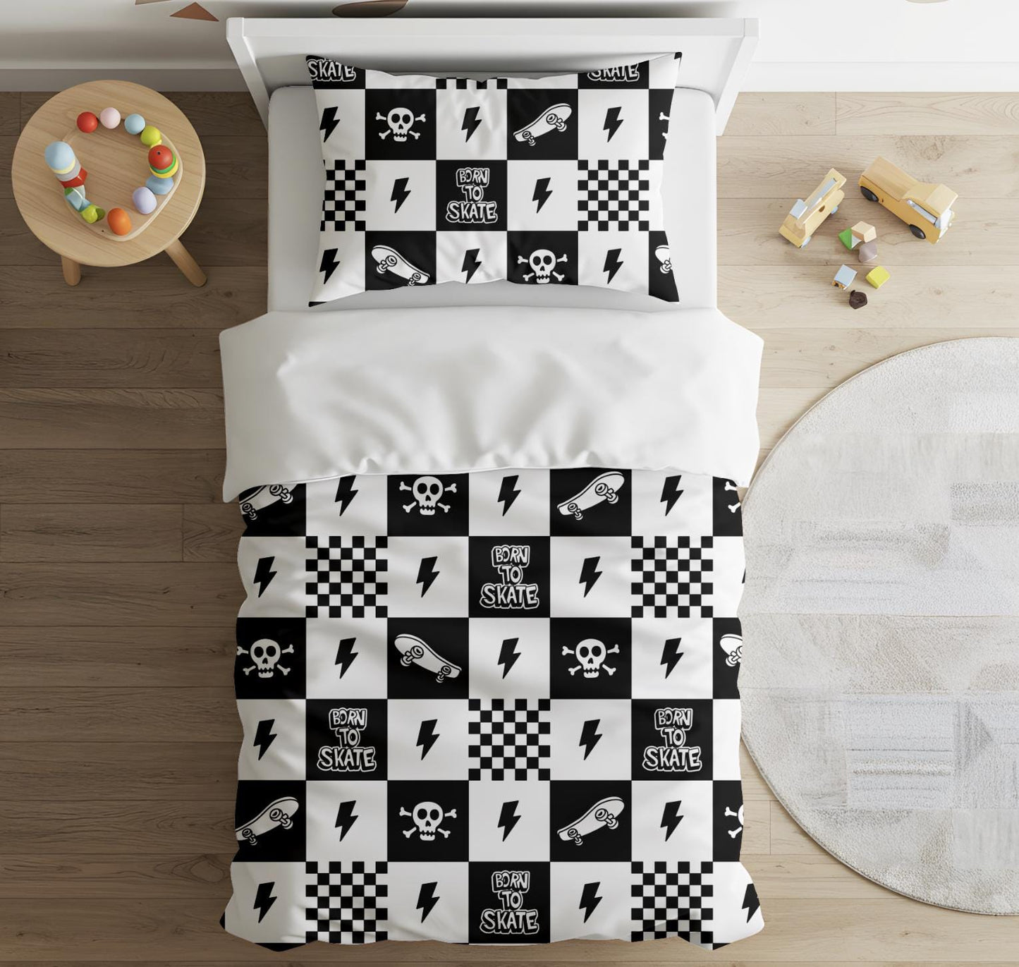 Born to Skate - Black Checkered (Almost Black) - Bedding, Duvet Covers, Fitted Sheets, Skateboard, Cool Bedding, Childrens decor, bedding