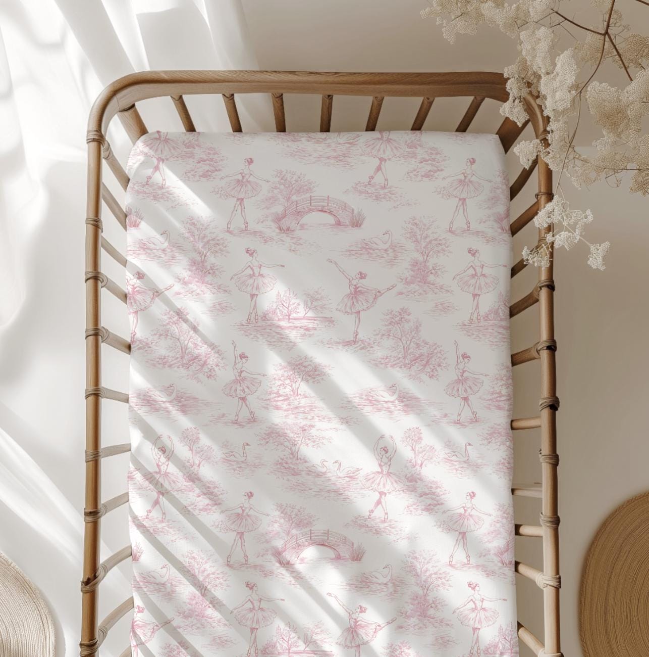 Chinoiserie Toile de Jouy BALLERINA - Pink, Bedding, Duvet Covers, Fitted Sheets, Safari theme with Hot Air Balloon, Kids Bedding