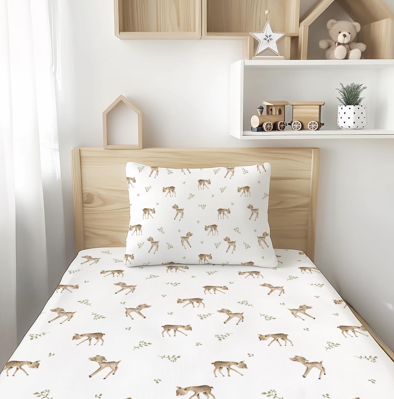 Deers with Eucalyptus leaves - Bedding, Duvet Covers, Fitted Sheets, Sweet Deers Bedding, Childrens Bedding, Childrens Room Decor, Bedding