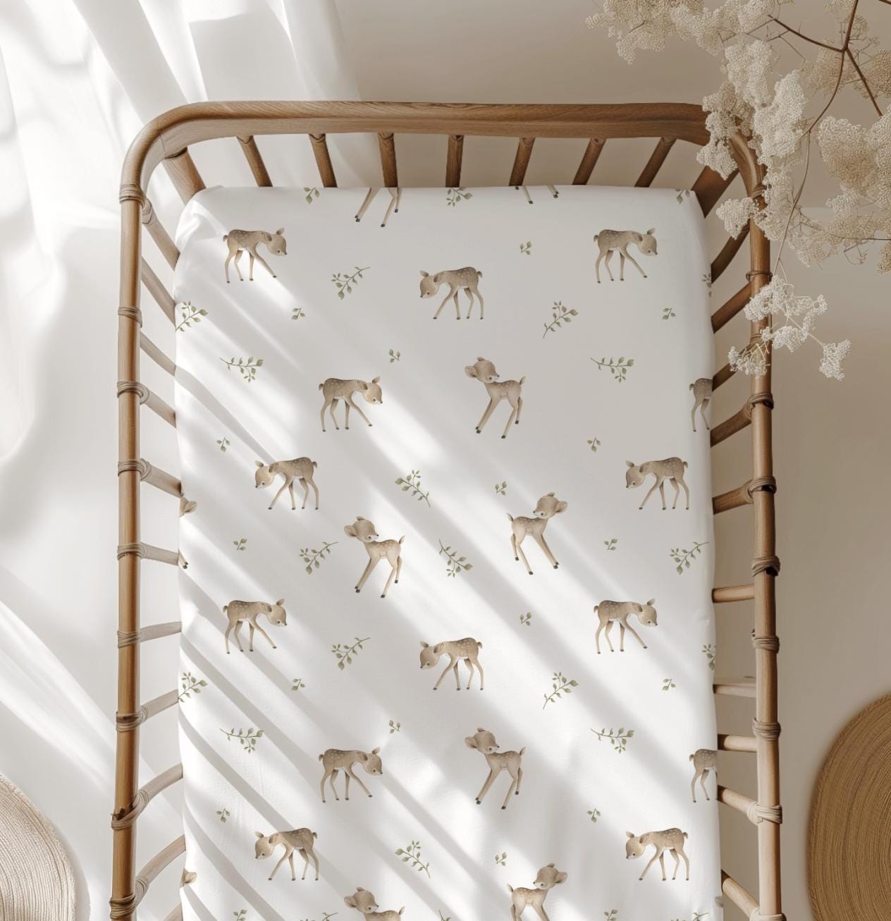 Deers with Eucalyptus leaves - Bedding, Duvet Covers, Fitted Sheets, Sweet Deers Bedding, Childrens Bedding, Childrens Room Decor, Bedding